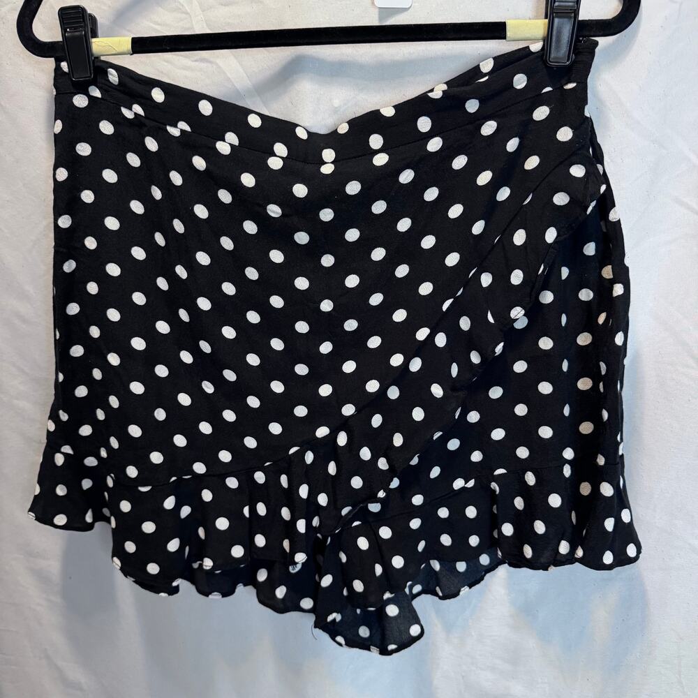 Zara Polka Dot Skort Ruffle Hem Mini Shorts Black White Faux Wrap Women's XL